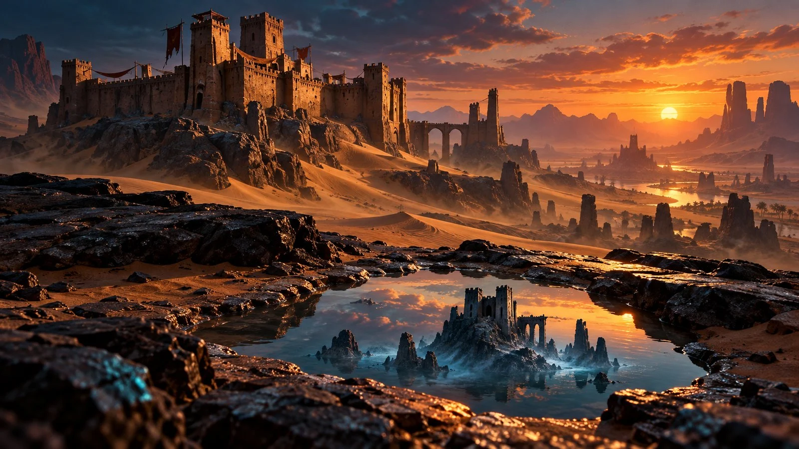 Desert fortress with a symbolic island fortress reflected in a foreground pool.