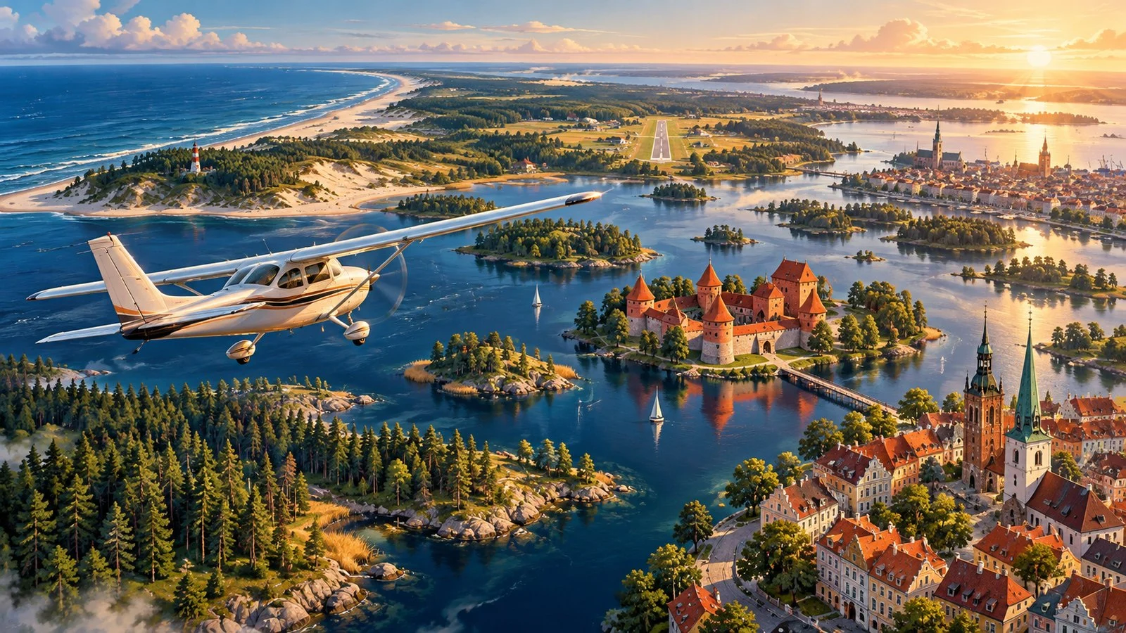 Small civilian airplane above a conceptual Baltic coastline, forest, old town and red-brick island castle.
