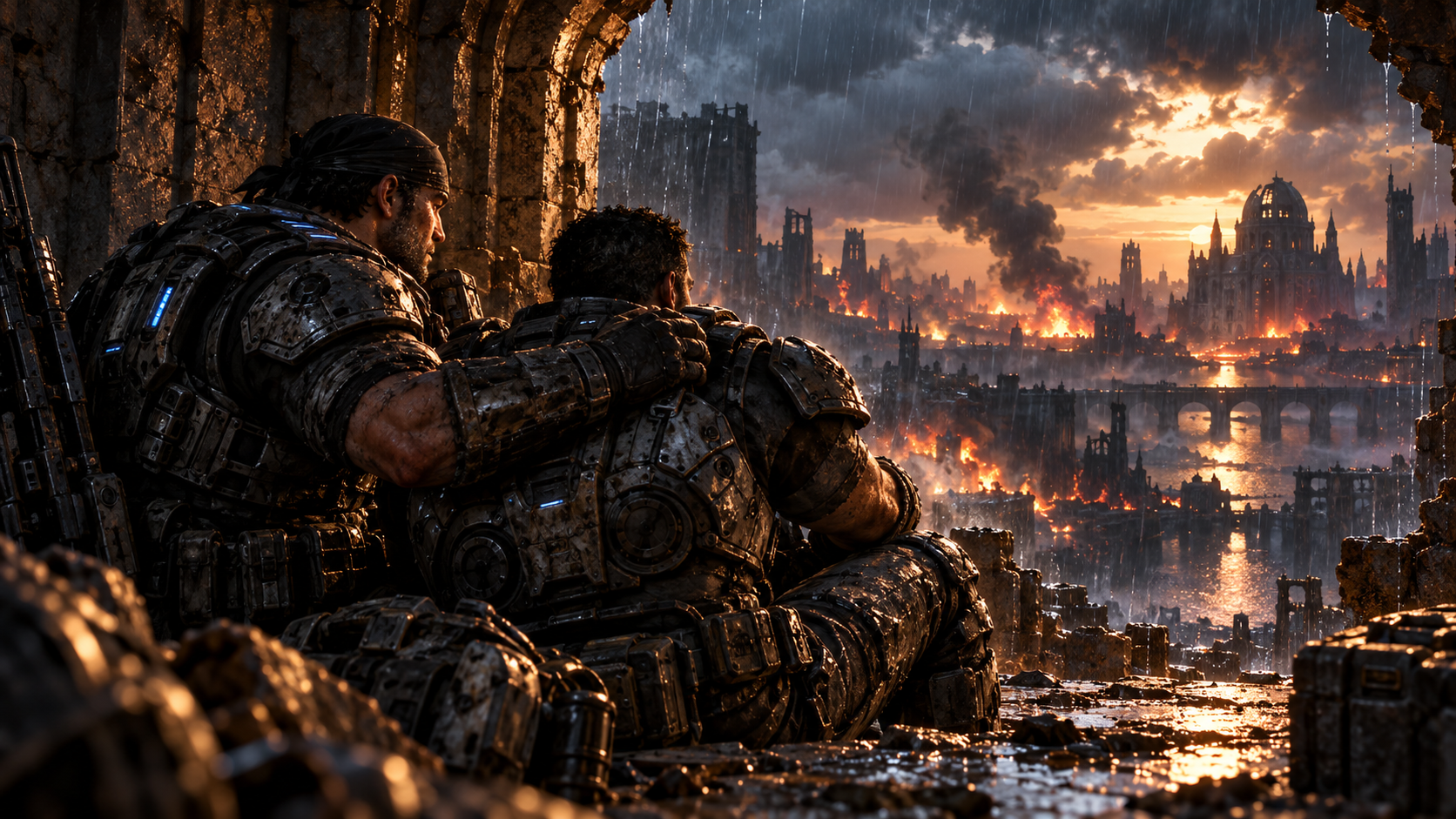Two armored soldiers shelter under an archway in an original editorial illustration.
