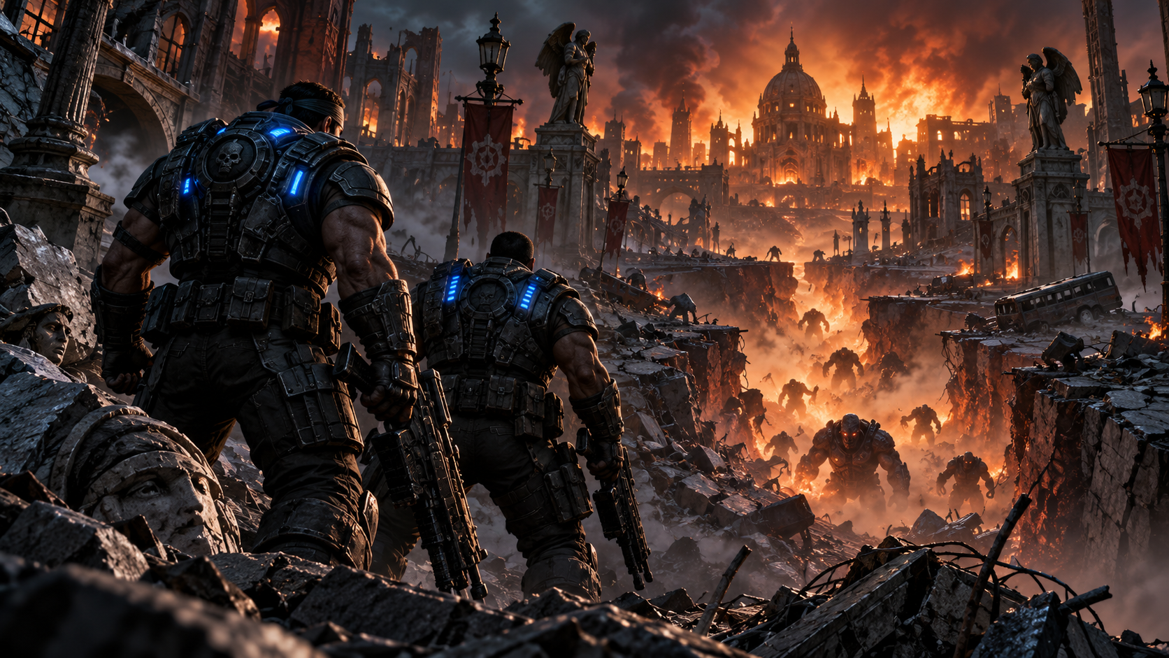 Original editorial illustration of soldiers overlooking a ruined city