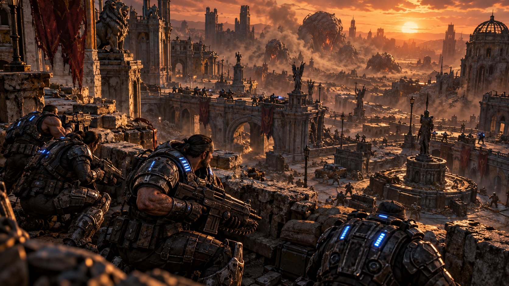 Gears-inspired editorial illustration of squads defending a city