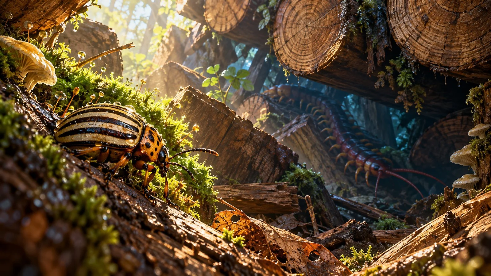 Conceptual miniature woodpile with a striped potato beetle and centipede among mossy logs.