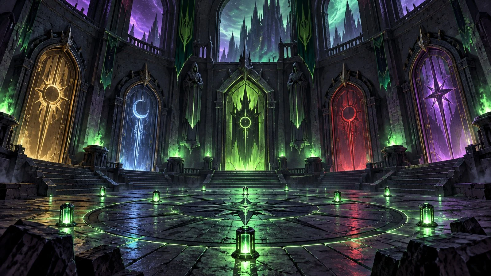 Symbolic gothic castle chamber with five glowing doors and green energy containers.