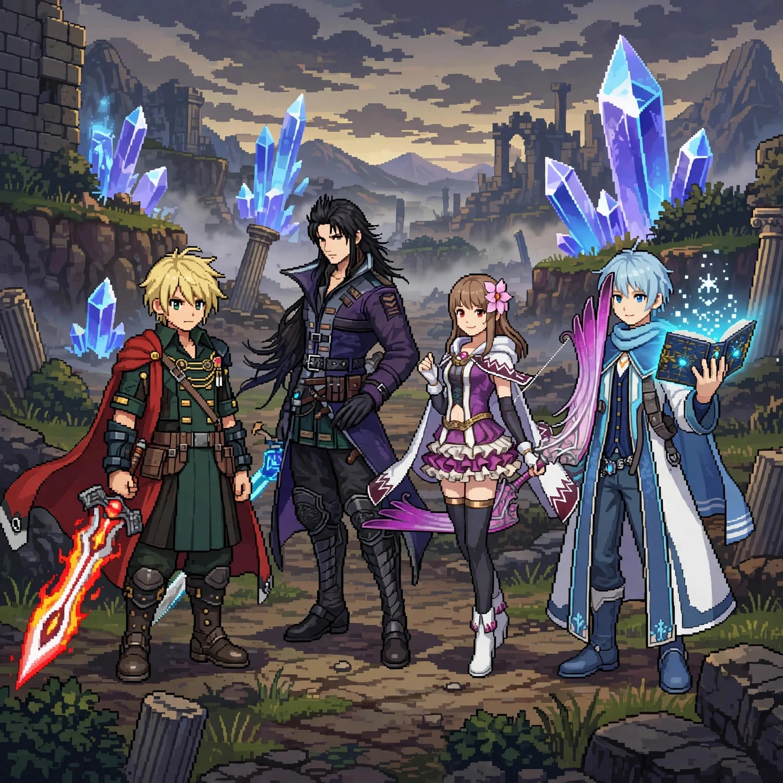Rain, Lasswell, Fina and Nichol from Final Fantasy Resonance in HD-2D style with crystals.
