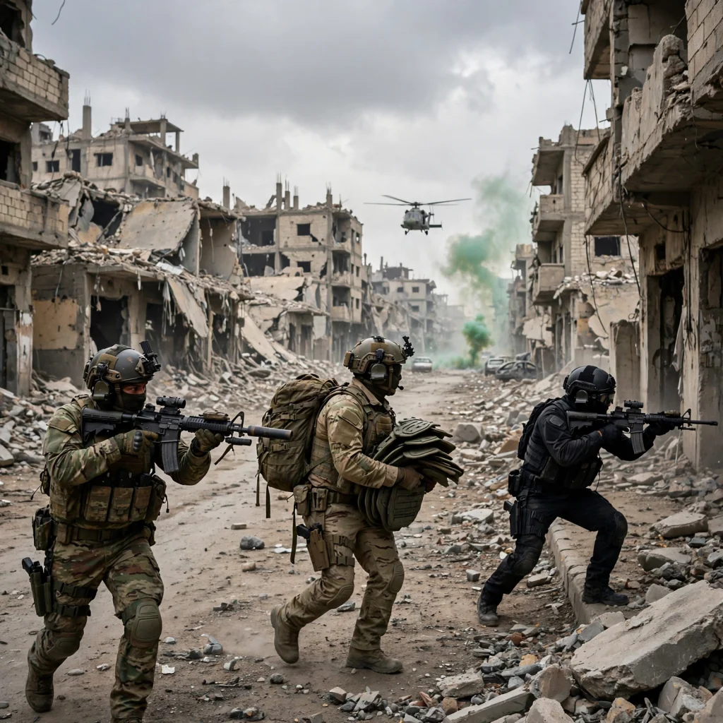 Three Modern Warfare 4 DMZ operators moving through a ruined district in Hajin toward a helicopter exfil.