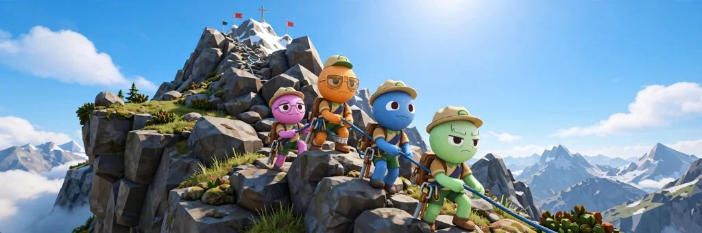 Four PEAK scout characters roped together climbing a rocky mountain.