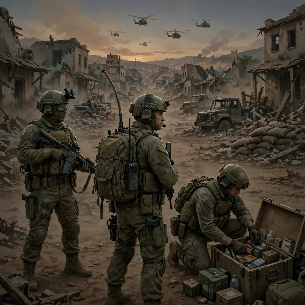Illustration of WARDOGS soldiers in a battle-damaged environment
