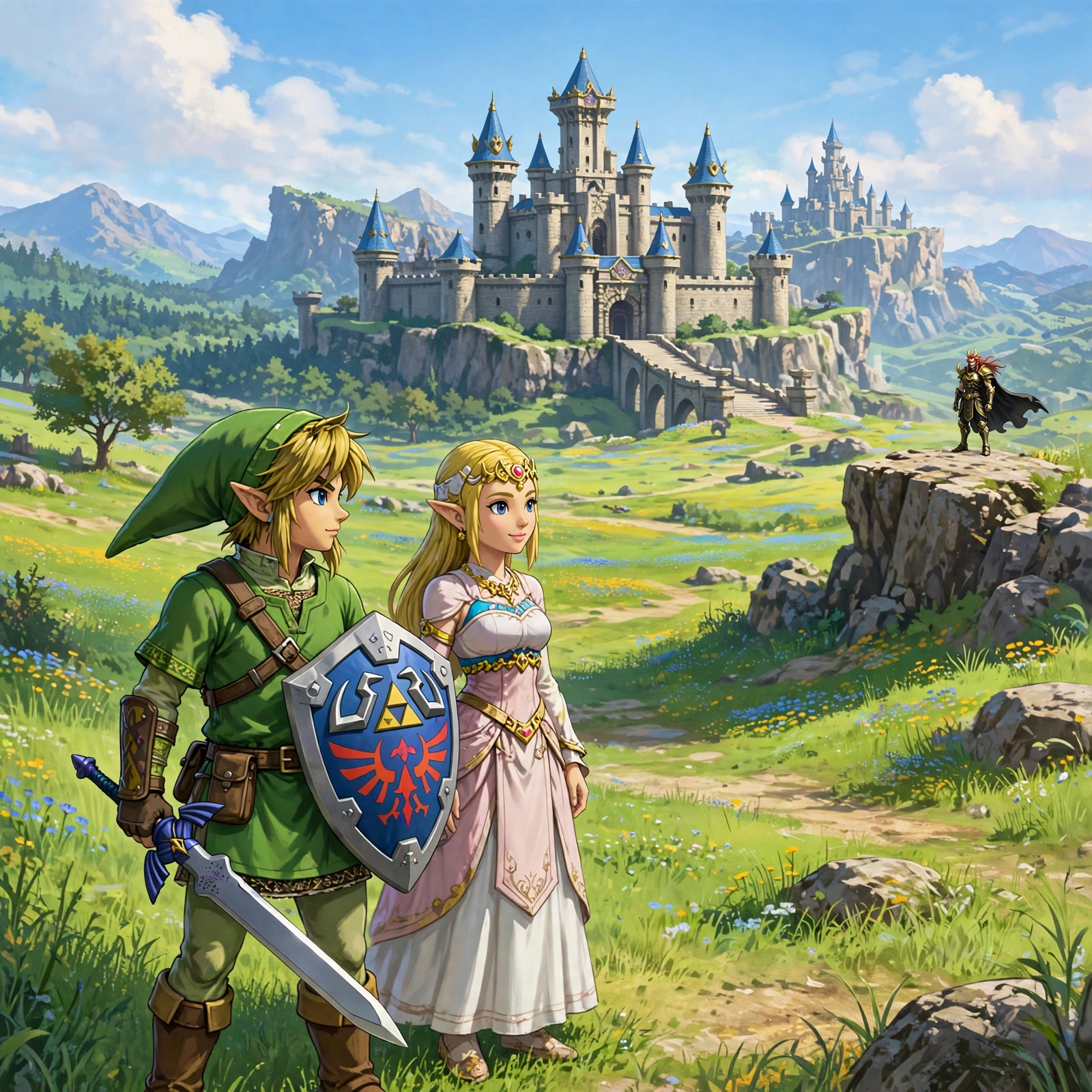 Link and Princess Zelda in Hyrule Field with Hyrule Castle behind them and Ganondorf in the distance