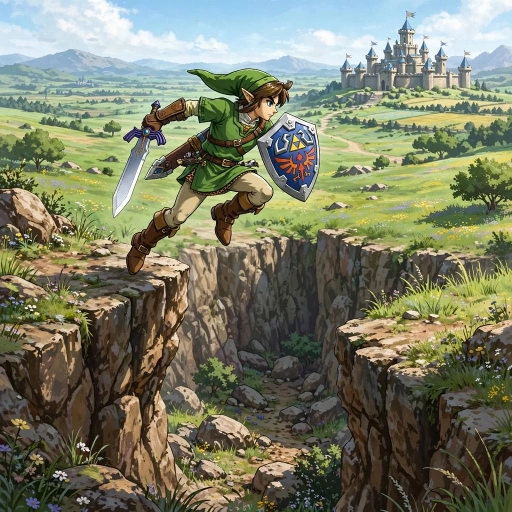 Link leaping across Hyrule Field with Hyrule Castle in the background