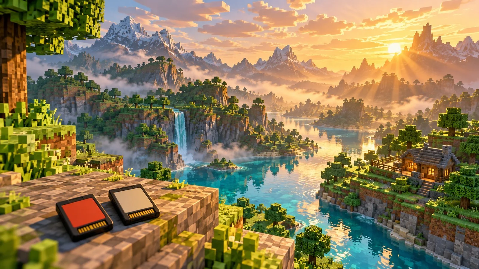 Conceptual block-built landscape with warm sunlight, a river and two blank cartridges.