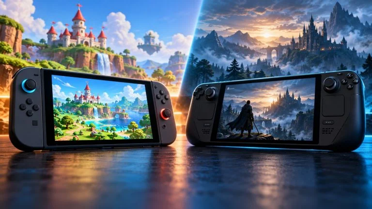 Conceptual gaming illustration for Nintendo Switch 2 vs. Steam Deck OLED: Which Handheld Fits You.