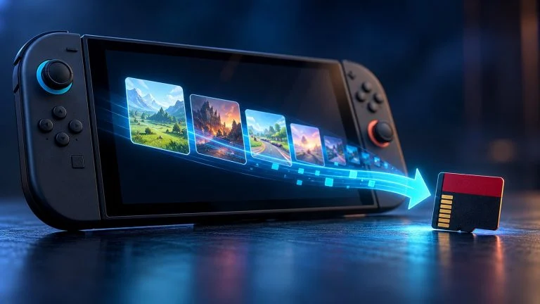 Conceptual gaming illustration for How to Move Switch 2 Games to a microSD Express Card Safely.