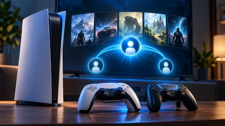 Conceptual gaming illustration for How to Game Share on PS5 Safely: Console Sharing Explained.