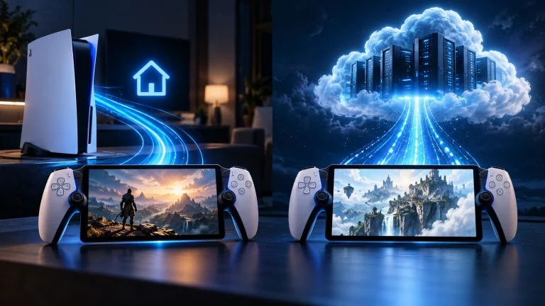 Conceptual gaming illustration for PS Remote Play vs. Cloud Streaming: What’s the Difference on PS5 and PlayStation Portal.