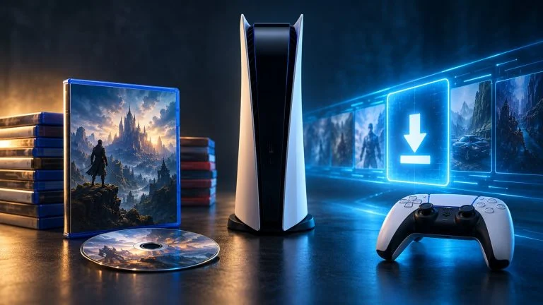 Conceptual gaming illustration for PS5 Physical vs. Digital Games: Which Format Is Better in 2026.