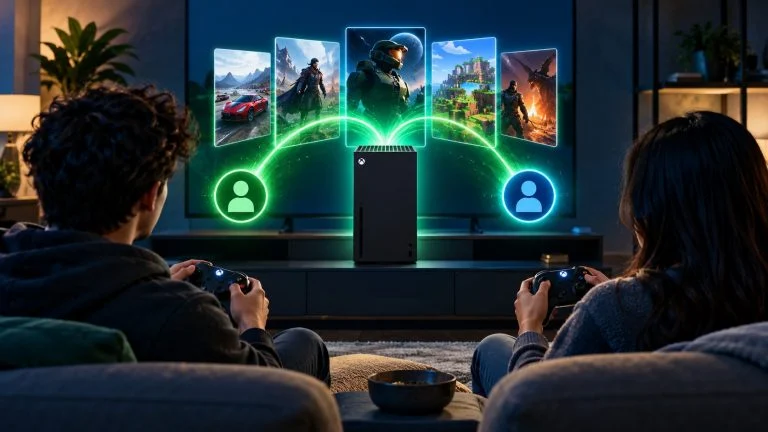 Conceptual gaming illustration for How to Game Share on Xbox Series X|S Safely: Home Xbox Explained.