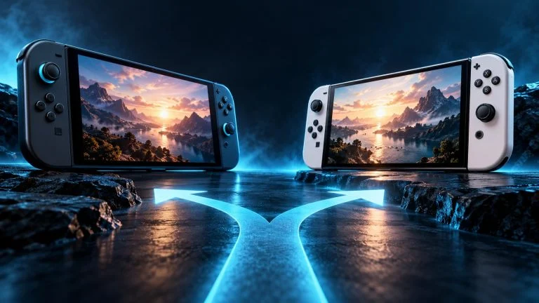Conceptual gaming illustration for Nintendo Switch 2 vs. Switch OLED in 2026: Which Should You Buy.