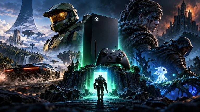 Conceptual Xbox illustration showing a console, controller, and imagined gaming worlds.