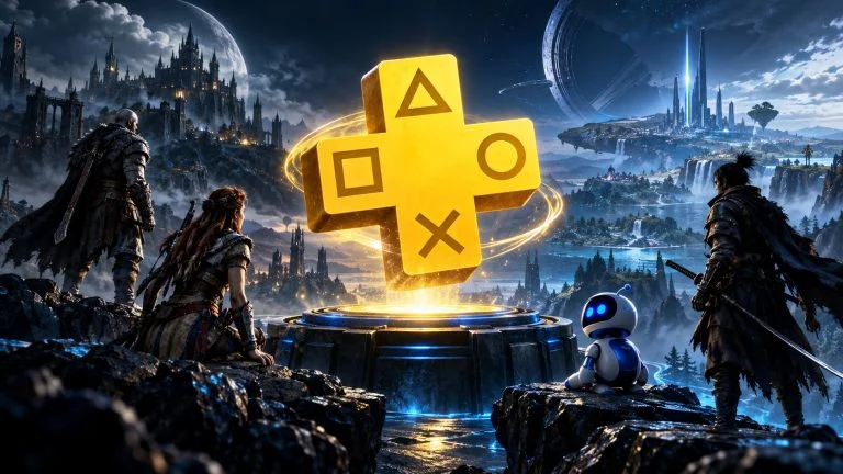 Conceptual PlayStation Plus illustration with a glowing gold membership symbol and imagined game worlds.