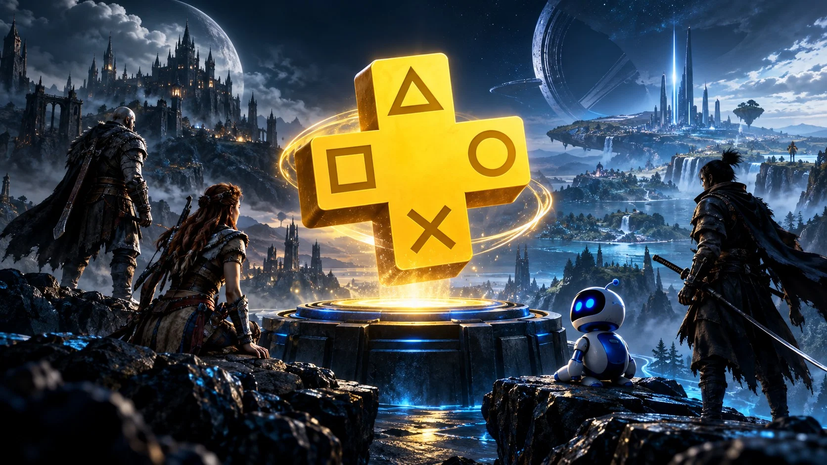 Conceptual PlayStation Plus illustration with a glowing gold membership symbol and imagined game worlds.