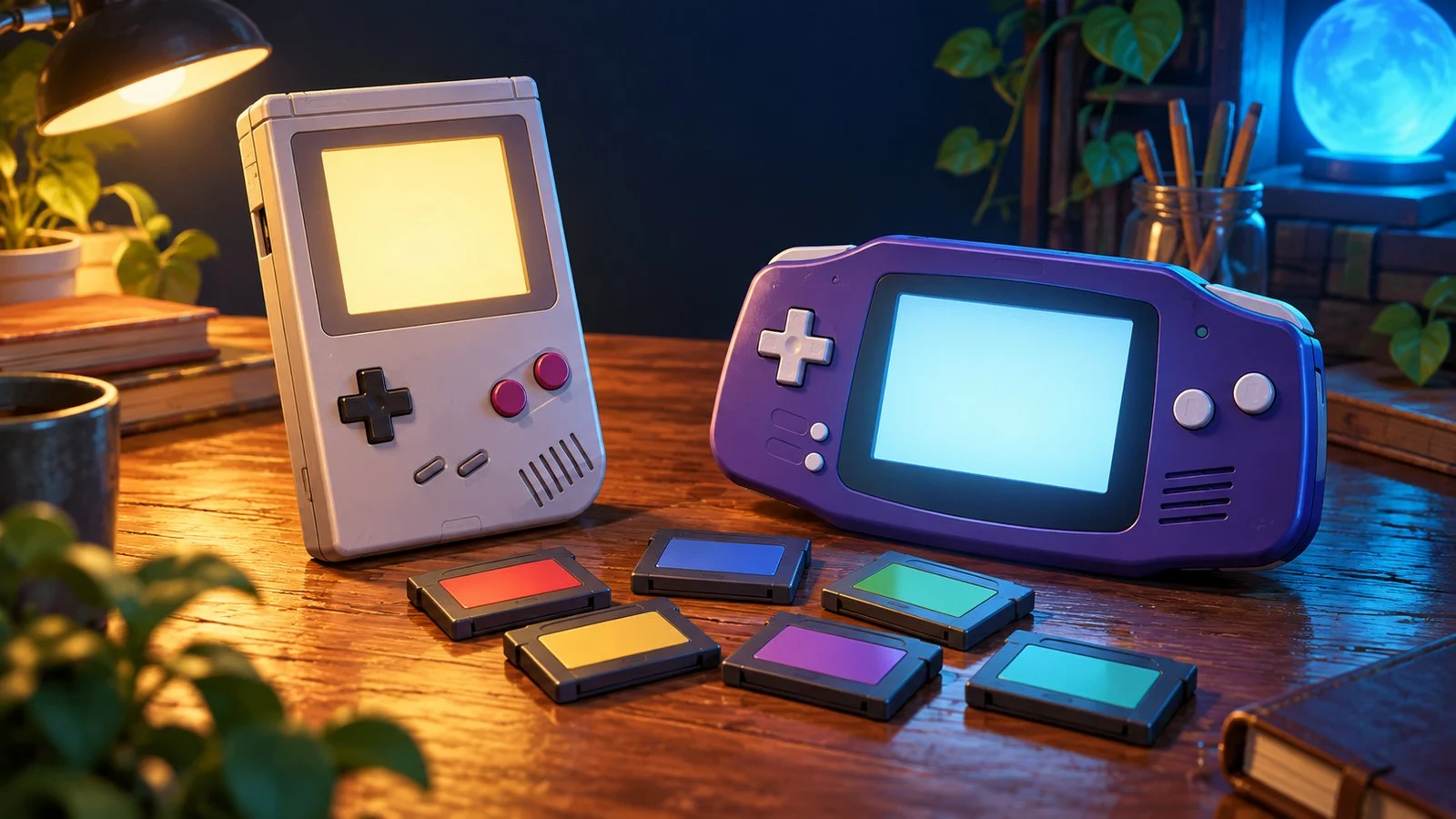 Two retro handheld concepts and six blank cartridges on a warmly lit desk.