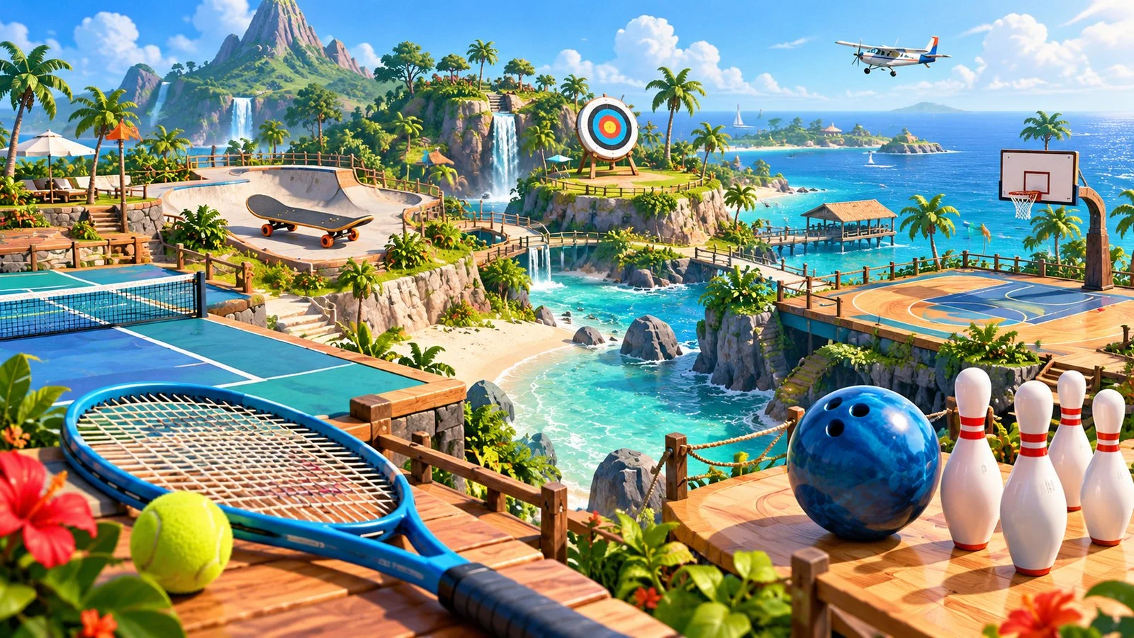 Conceptual tropical sports island with tennis, bowling, archery, basketball and a skateboard.
