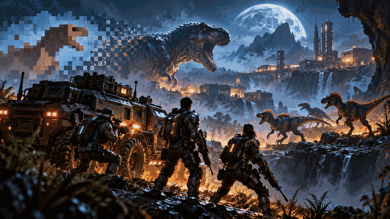 Editorial illustration of three sci-fi soldiers and an armored vehicle facing dinosaurs near a futuristic outpost.