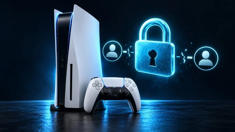 Editorial illustration of a PS5 console and controller beside a glowing cyan padlock and two disconnected user profiles.