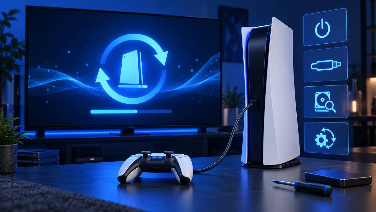 Editorial illustration of a white-and-black game console and wired controller beside blue recovery, power, storage and update symbols.