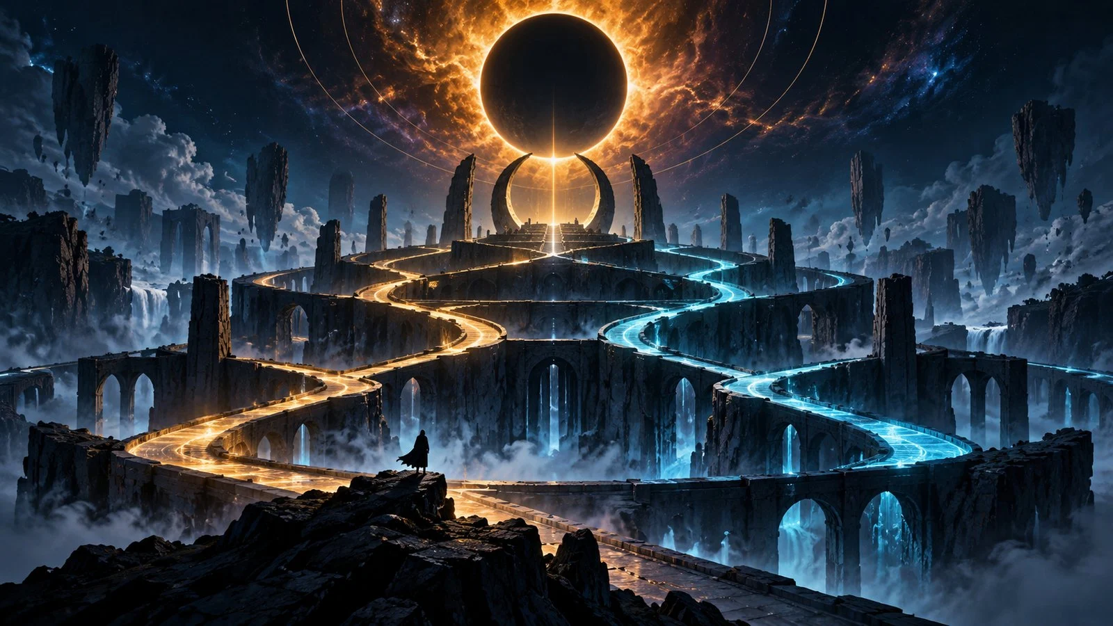 Symbolic alien eclipse above branching gold and cyan paths through dark stone terraces.