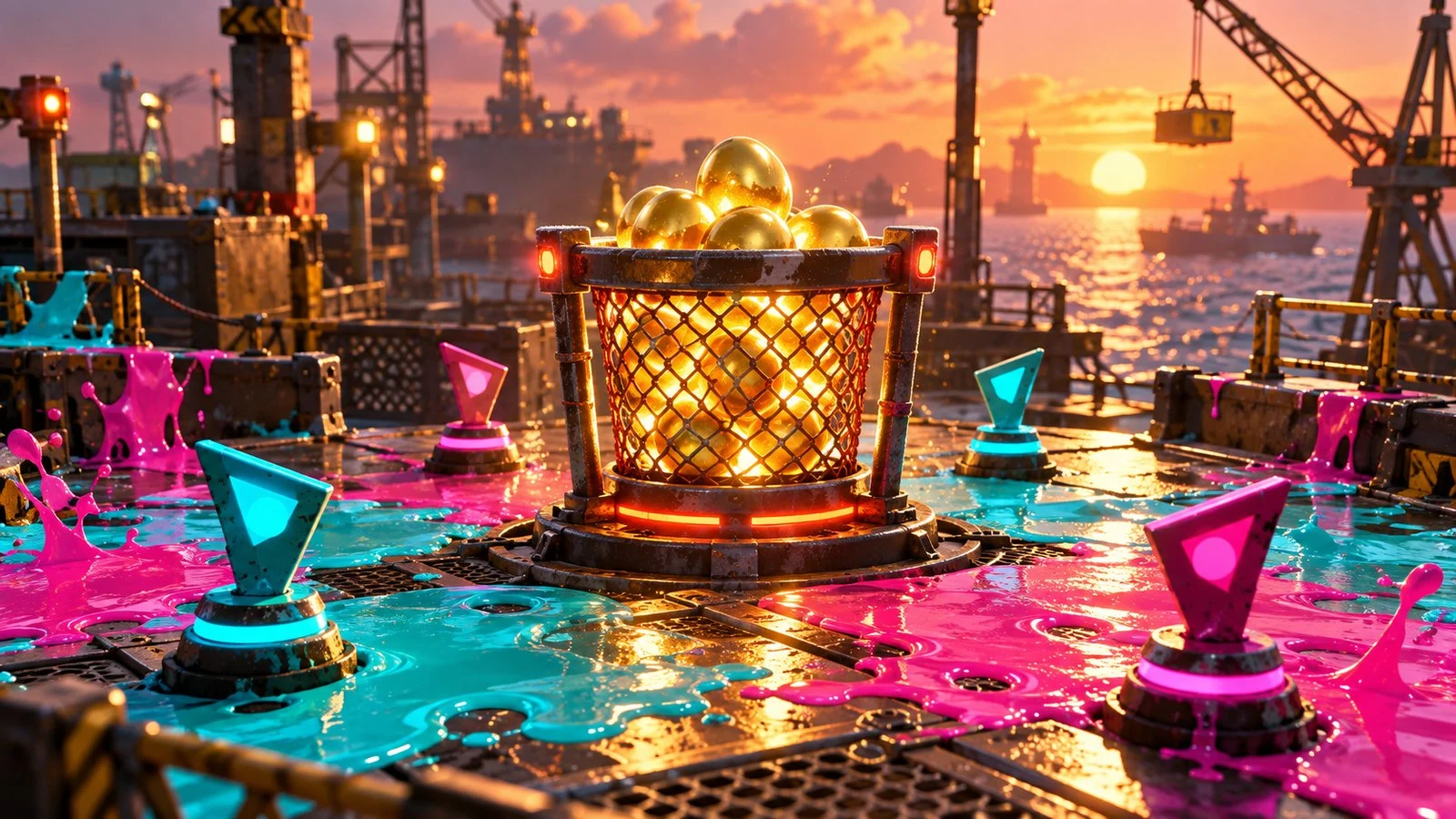Basket of glowing golden eggs with four abstract markers amid cyan and magenta splashes at a harbor.