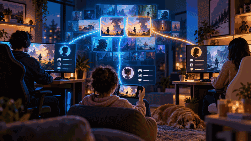 Editorial illustration of three household members using separate gaming devices connected to a shared digital game library.