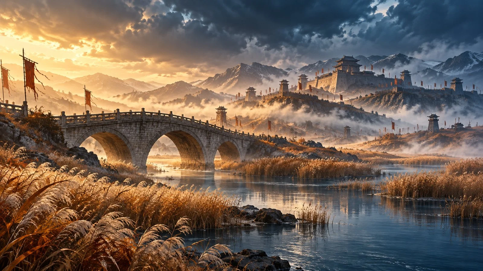 Symbolic Chinese-inspired bridge and frontier fortifications across misty autumn river reeds.