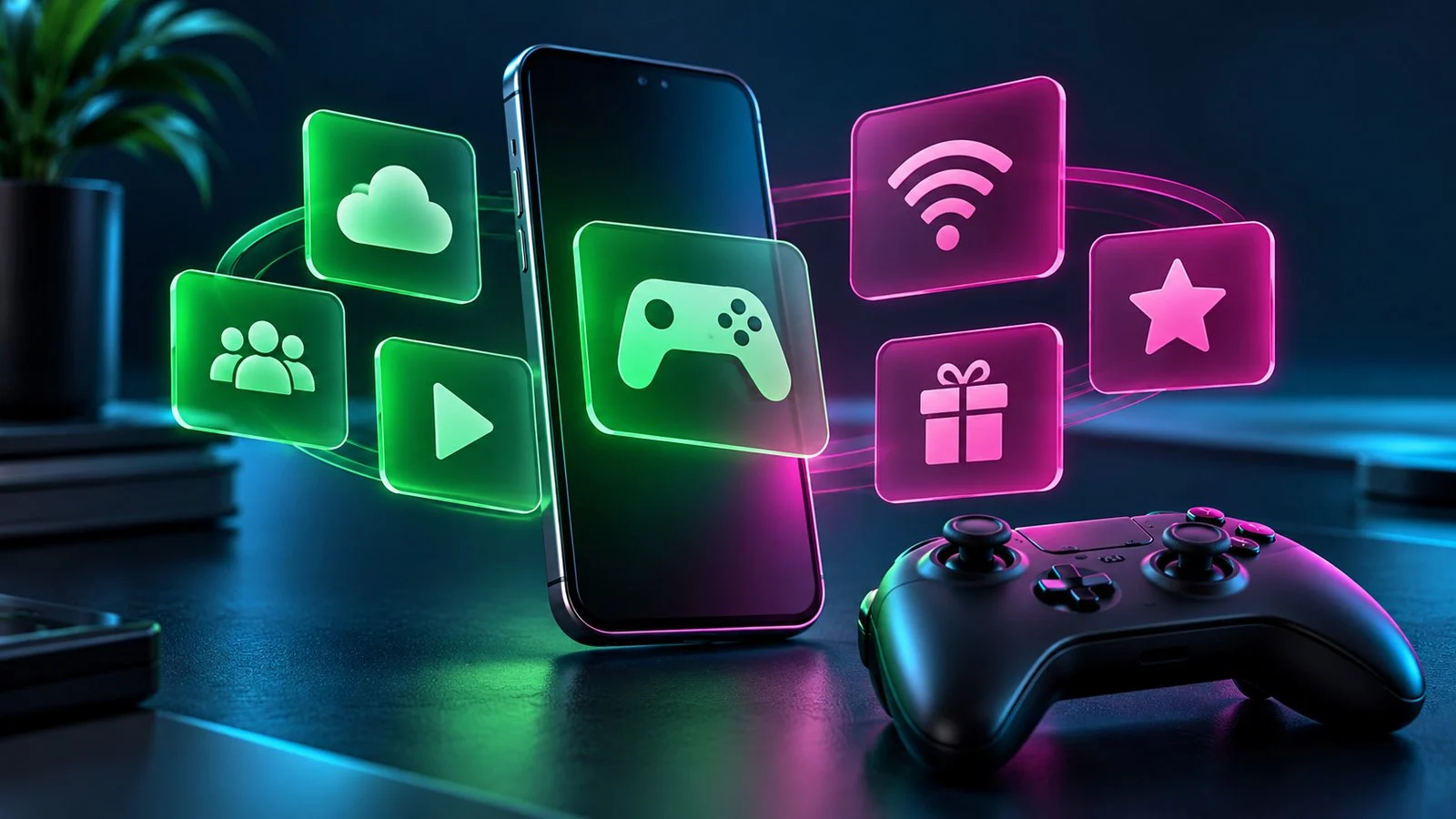 Generic phone and controller surrounded by green and magenta benefit-choice symbols.