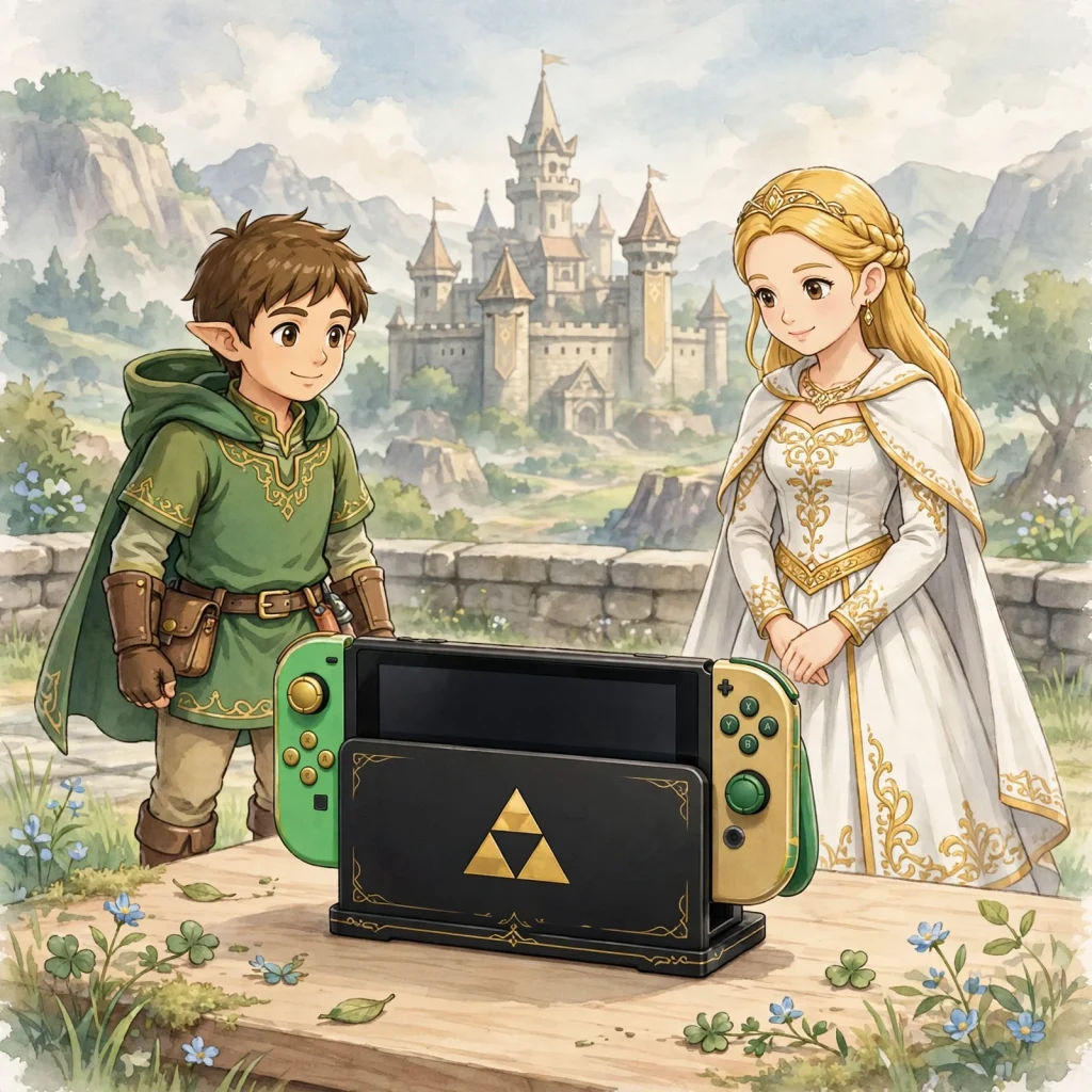 Link and Princess Zelda with the Zelda 40th Anniversary Switch 2 dock