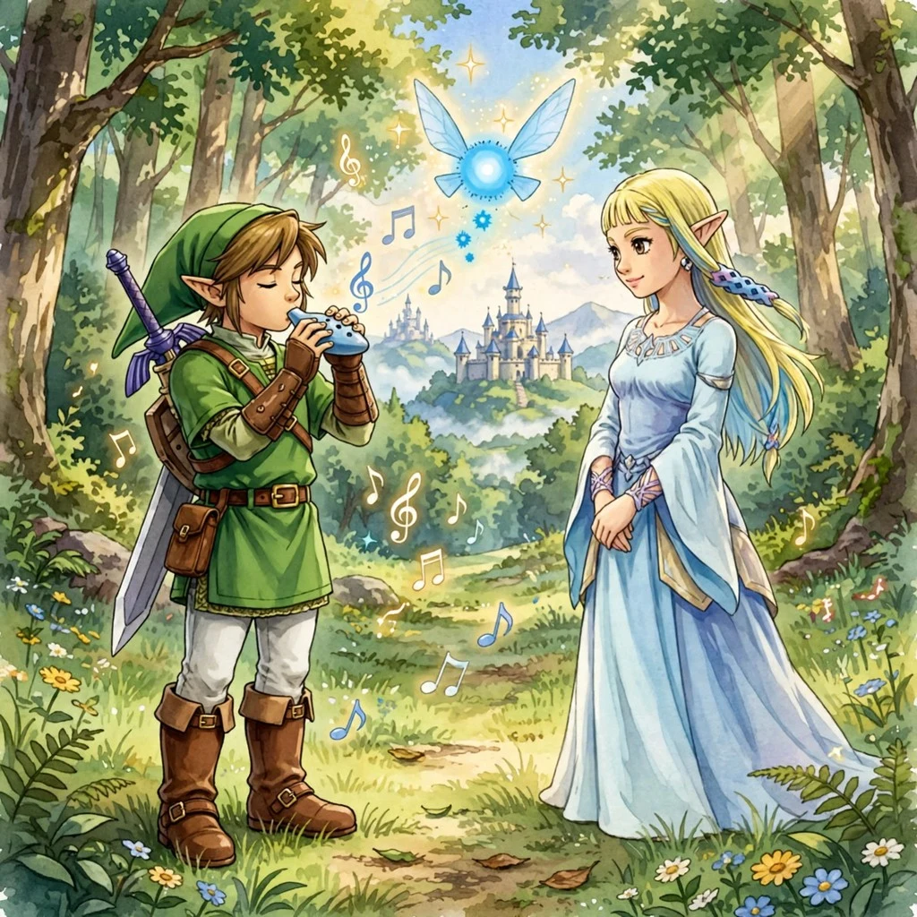 Link playing the ocarina with Zelda and Navi